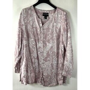 Tahari 100%‎ Linen Shirt Women Size 2X Button Up Long Roll Tab Sleeve Floral